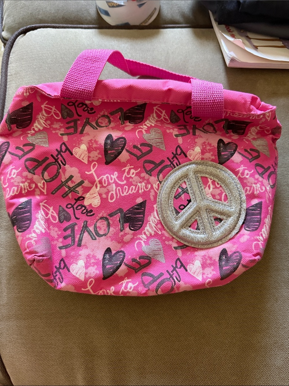 Lunch Bag -Pink Glitter Peace Patch